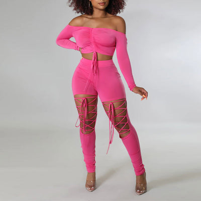 Solid Off Shoulder Long Sleeve Crop Top & Hollow Out Pants Set