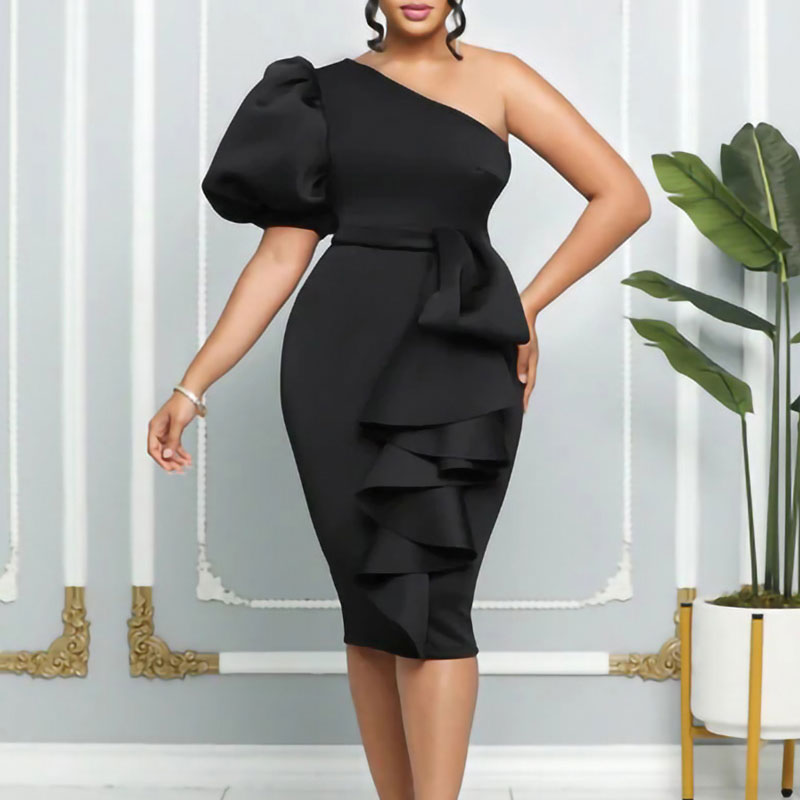 Solid Oblique Shoulder Puff Sleeve Ruffle Design Midi Dress