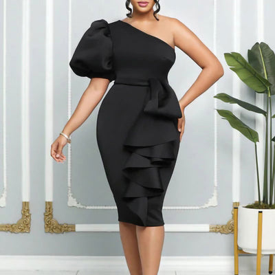 Solid Oblique Shoulder Puff Sleeve Ruffle Design Midi Dress