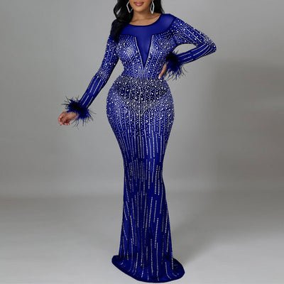 Rhinestone Long Sleeve Feather Design Sheer Mesh Maxi Dress