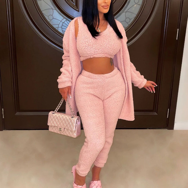 Solid Fuzzy 3PCS Pants Set