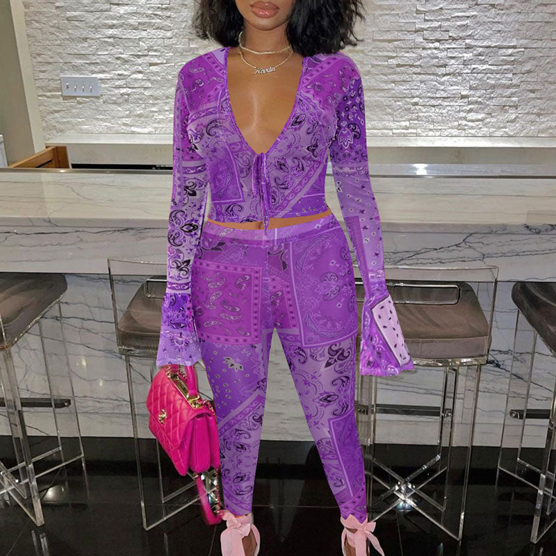 Paisley Pattern Flared Sleeve Top & Pants Set