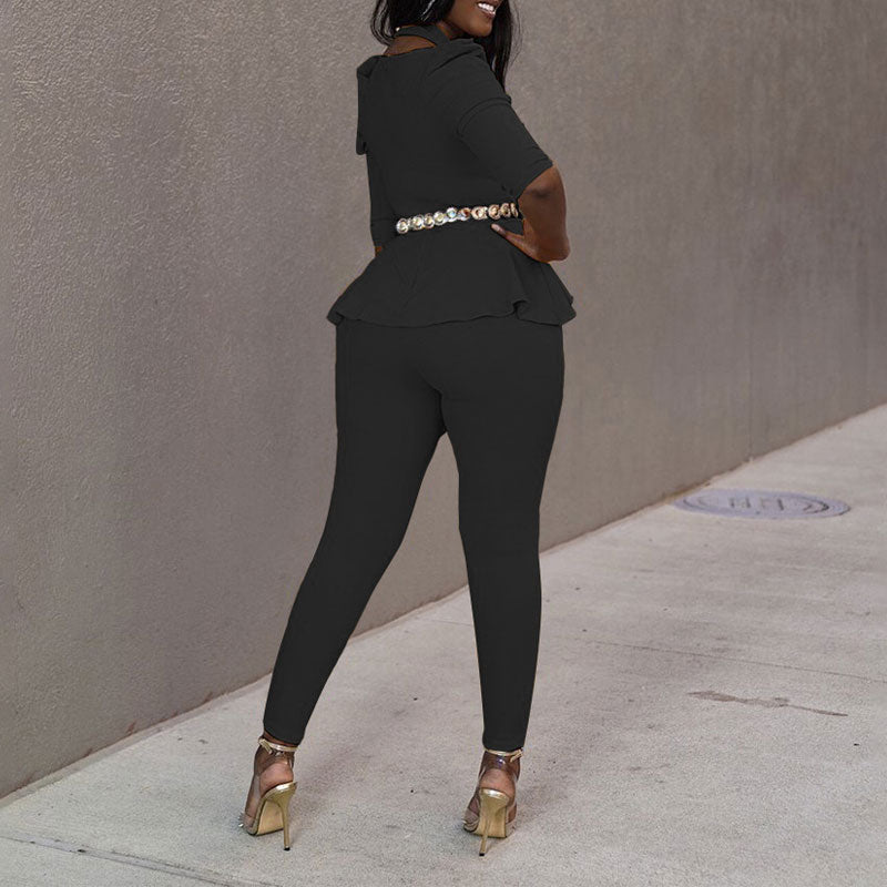 Solid Long Sleeve Halter Ruffle Design Top & Pants Set
