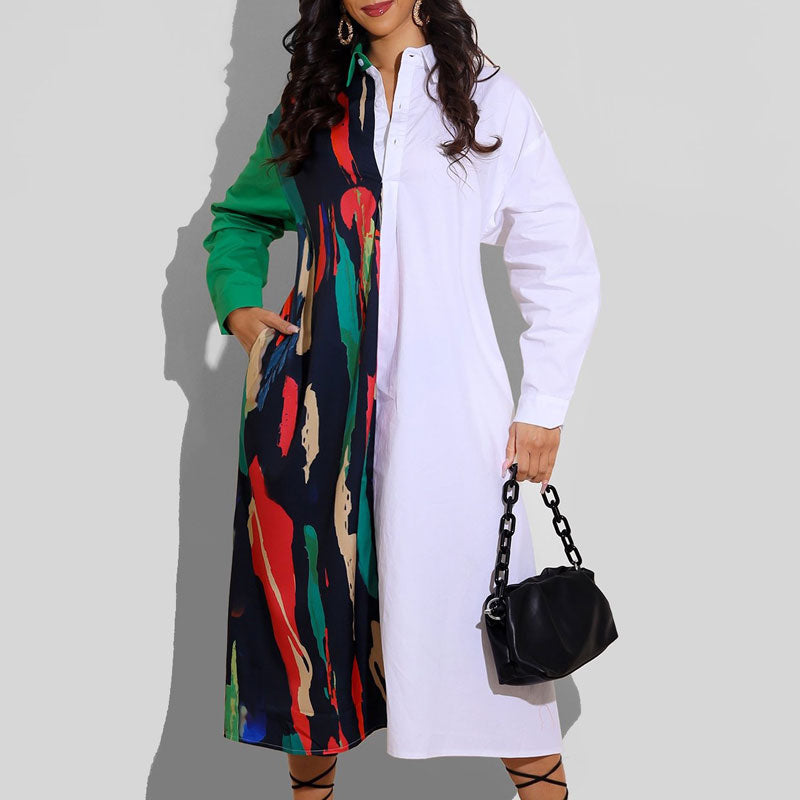 Colorblock Print Long Sleeve Shirt Dress