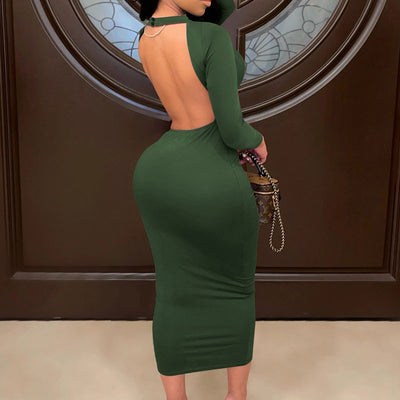 Solid Long Sleeve Slit Backless Top & Skirt Set