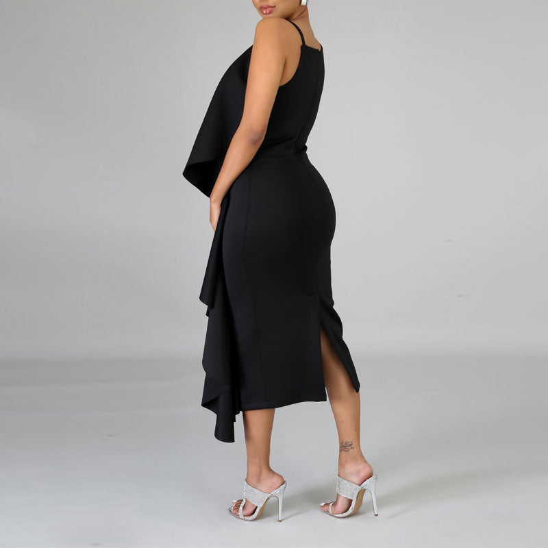 Solid Sleeveless Ruffle Design Midi Dress
