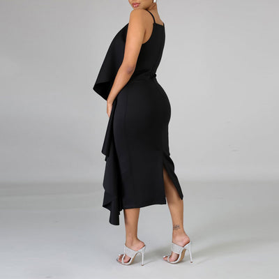 Solid Sleeveless Ruffle Design Midi Dress