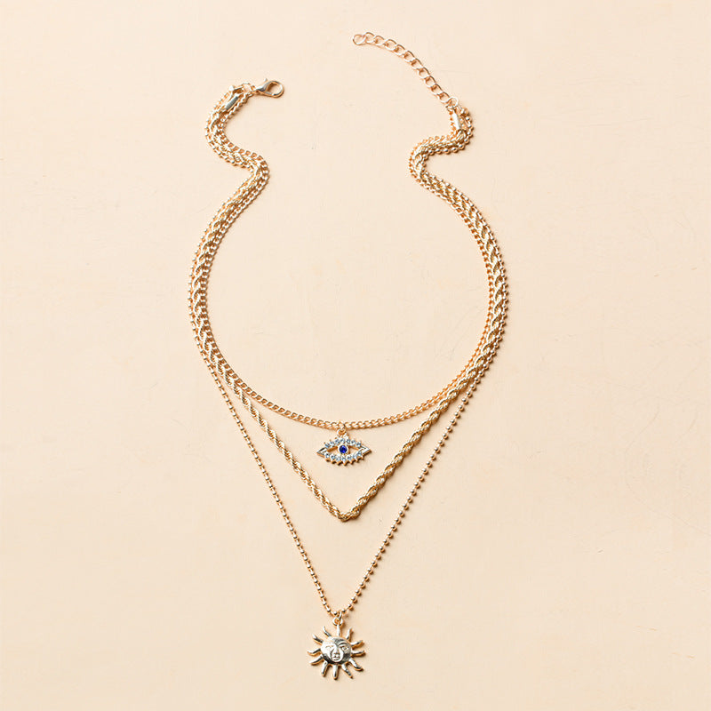 Rhinestone Eyes Sun Pattern Layered Necklace