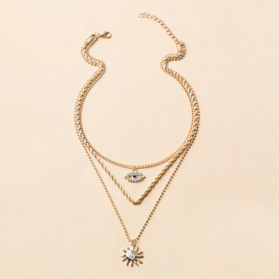 Rhinestone Eyes Sun Pattern Layered Necklace