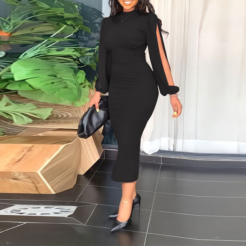 Solid Slit Sleeve Wrap Midi Dress