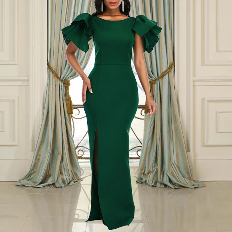 Solid Round Neck Ruffle Design High Slit Maxi Dress