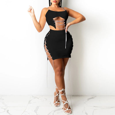 Solid Sleeveless Spaghetti Strap Tube Top & Hollow Out Shorts Set