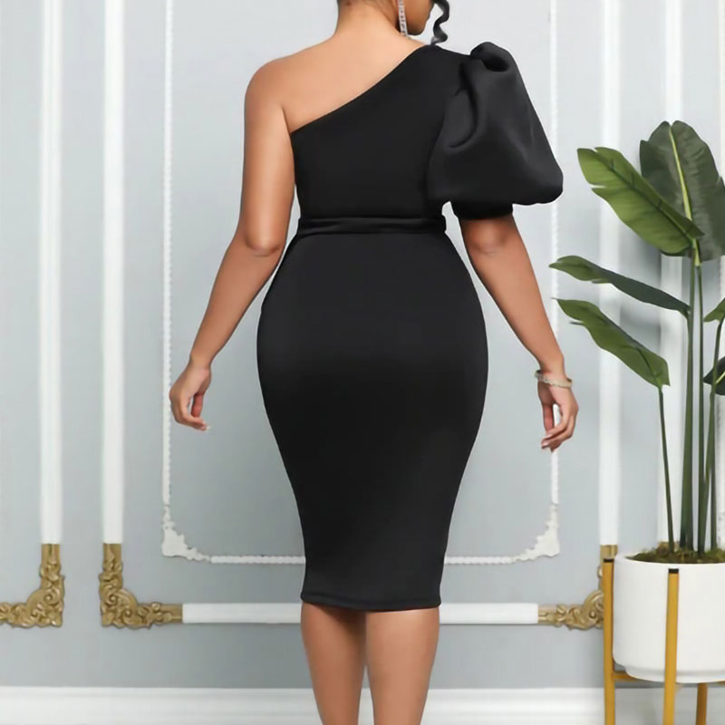 Solid Oblique Shoulder Puff Sleeve Ruffle Design Midi Dress