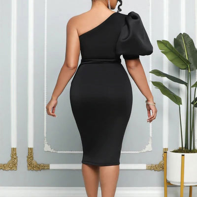 Solid Oblique Shoulder Puff Sleeve Ruffle Design Midi Dress