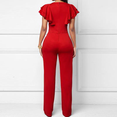 Solid Deep V-Neck Ruffle Design Jumpsuit