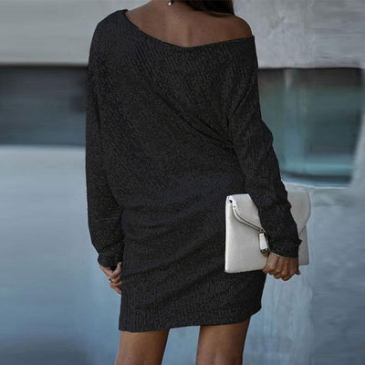 Sequins Oblique Shoulder Long Sleeve Mini Dress