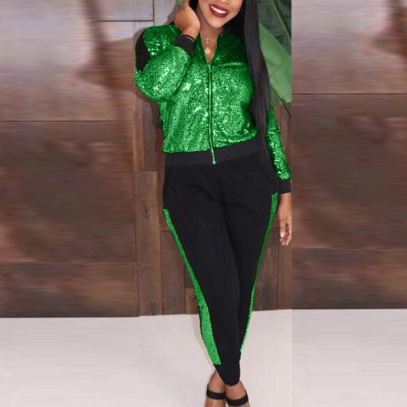 Colorblock Sequins Zipper Design Jacket & Pants Set