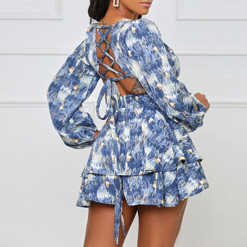 Print Deep V-Neck Long Sleeve Lace Up Bandage Mini Dress