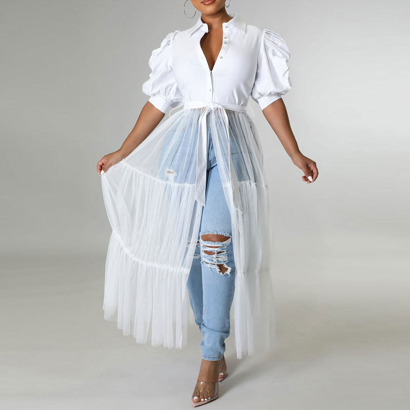 Solid Lantern Sleeve Sheer Mesh Patchwork Shirt Dress
