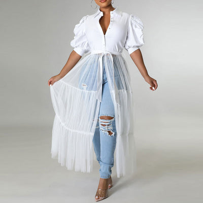 Solid Lantern Sleeve Sheer Mesh Patchwork Shirt Dress