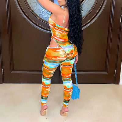 Tie Dye Print Drawstring Cut Out Jumpsuit