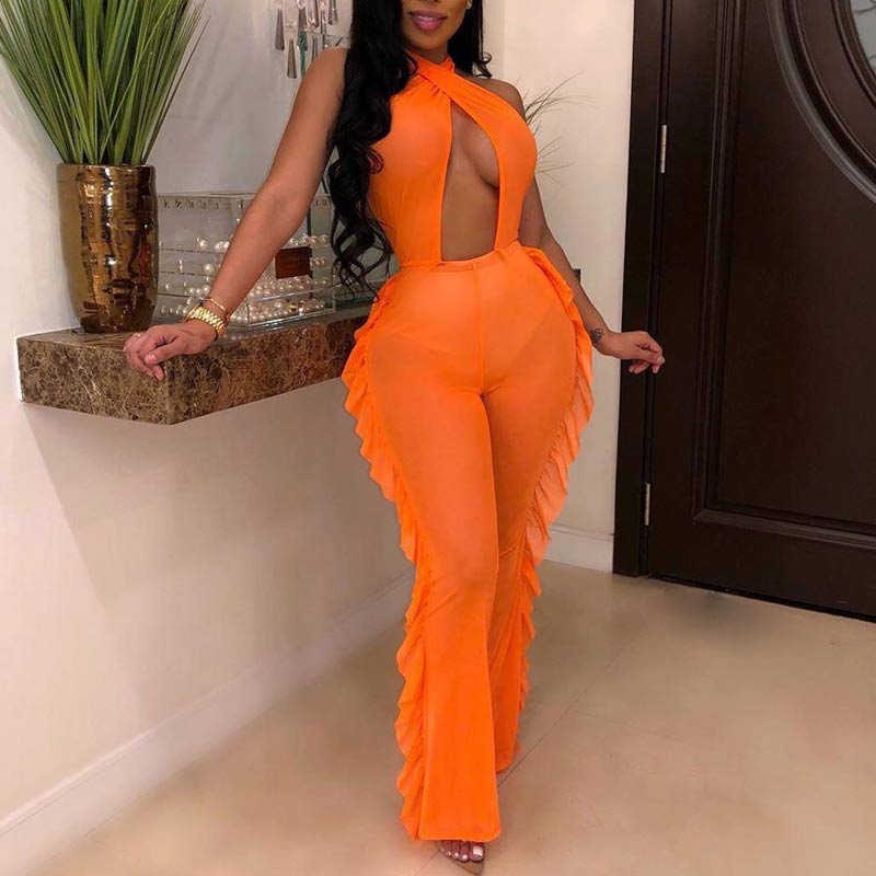 Halter Neck Backless Ruffles Jumpsuit Playsuit
