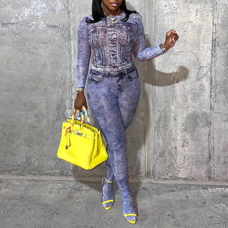 Print Long Sleeve Mesh 2PCS Pants Set