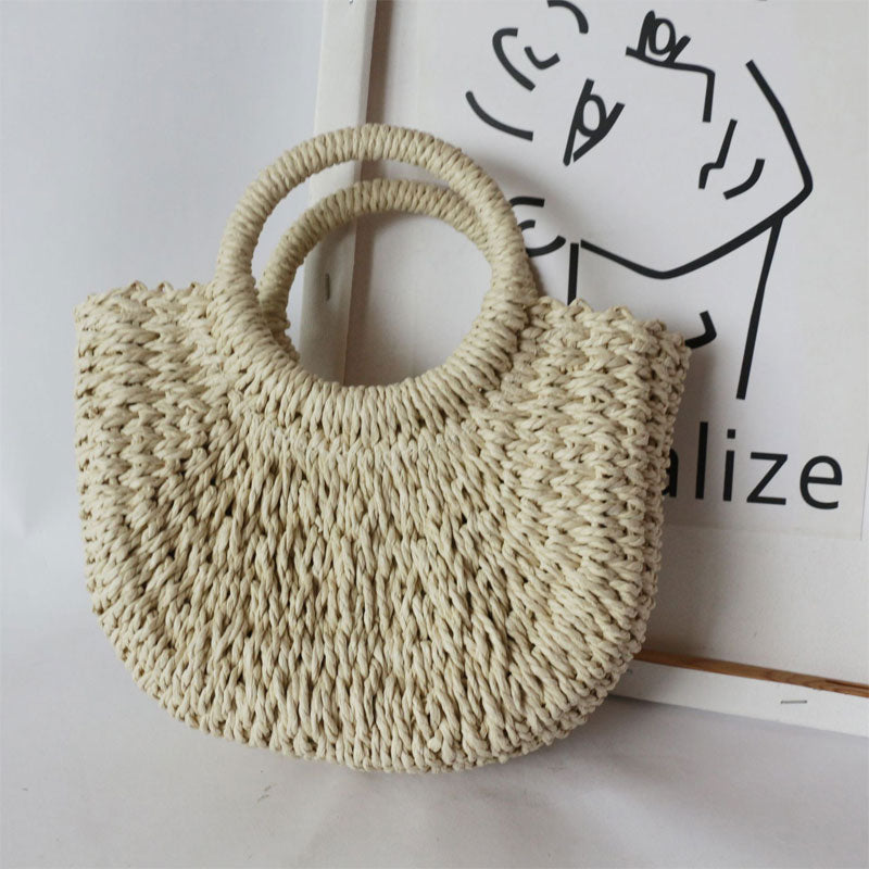 Straw Braided Round Beach Handle Handbag