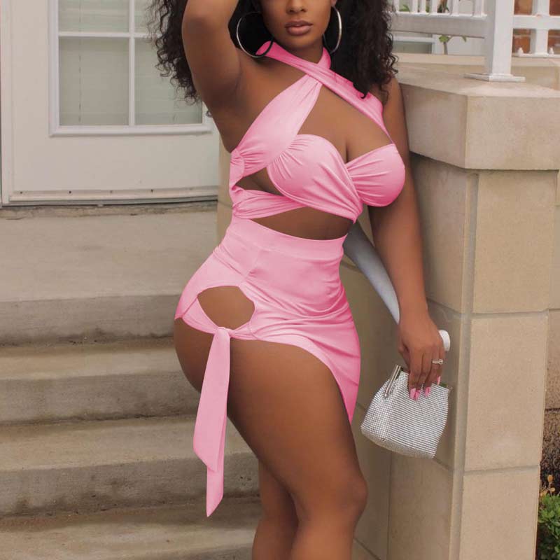 Solid Sleeveless Halter Bandage Skirt Set