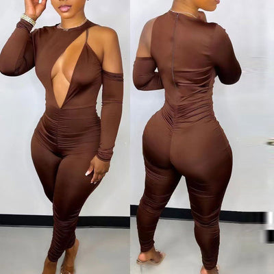 Solid Cold Shoulder Long Sleeve Cut Out Skinny Jumpsuit