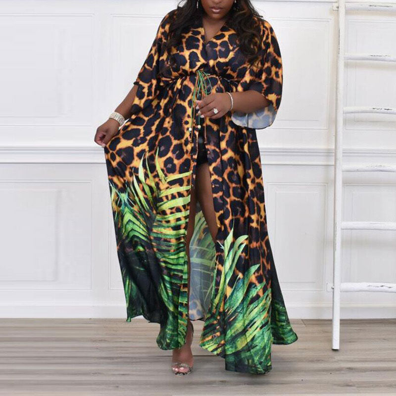 Leopard Leaf Print Half Sleeve Cover Up Dress