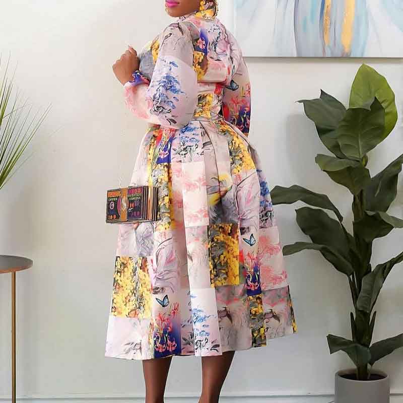 Butterfly Floral Print Long Sleeve Belted Dress