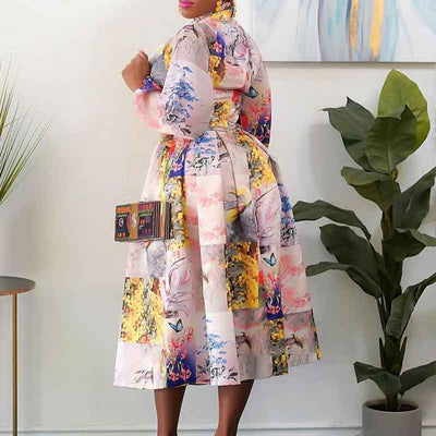 Butterfly Floral Print Long Sleeve Belted Dress
