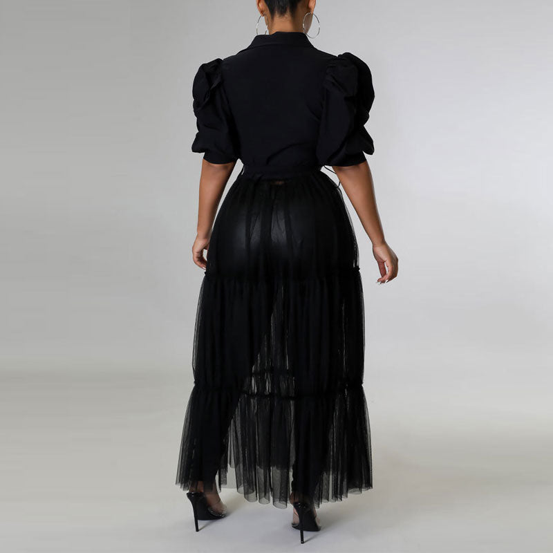 Solid Lantern Sleeve Sheer Mesh Patchwork Shirt Dress