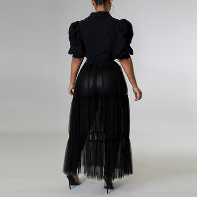 Solid Lantern Sleeve Sheer Mesh Patchwork Shirt Dress