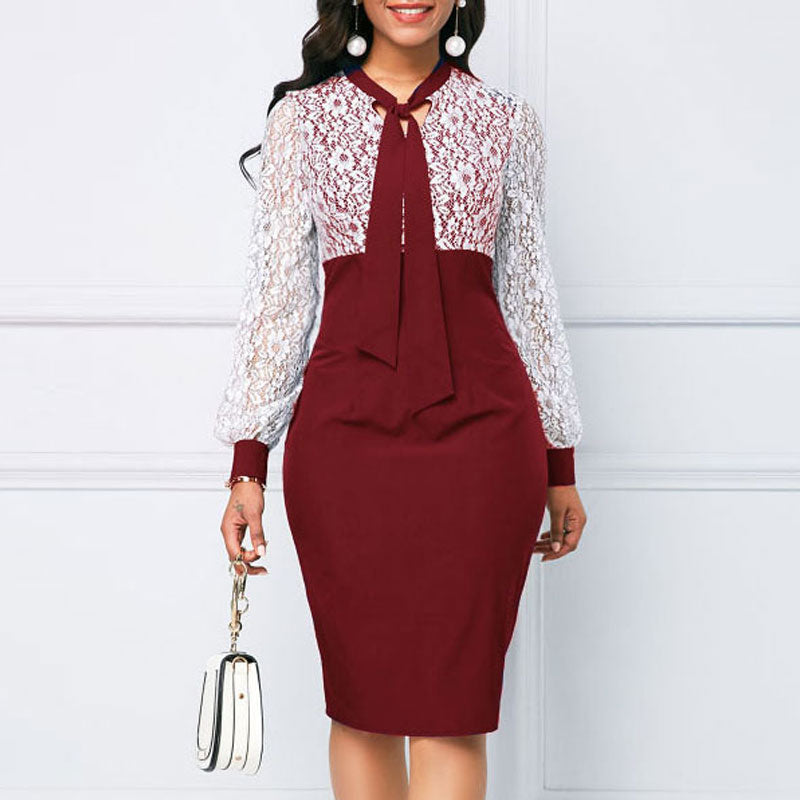 Colorblock Long Sleeve Lace Patchwork Tied Bodycon Dress