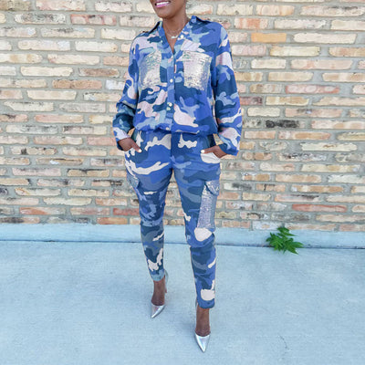 Camouflage Pattern Sequins Pocket Top & Pants Set
