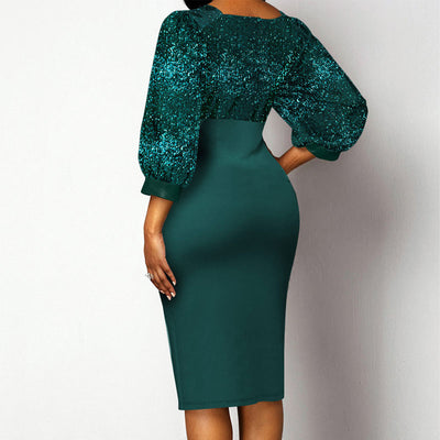 Glitter V-Neck Long Sleeve Bodycon Dress