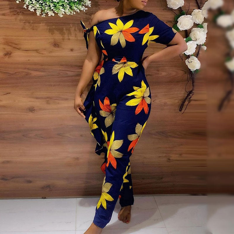 Floral Print Oblique Shoulder Jumpsuit