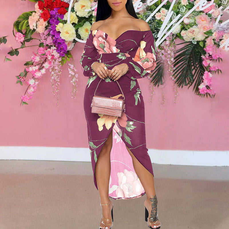 Floral Pattern Off Shoulder Long Sleeve Slit Dress