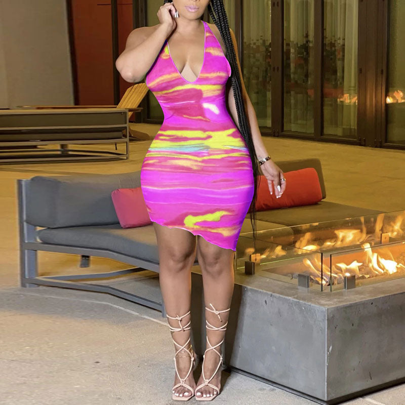 Print Deep V-Neck Sleeveless Halter Irregular Bodycon Dress