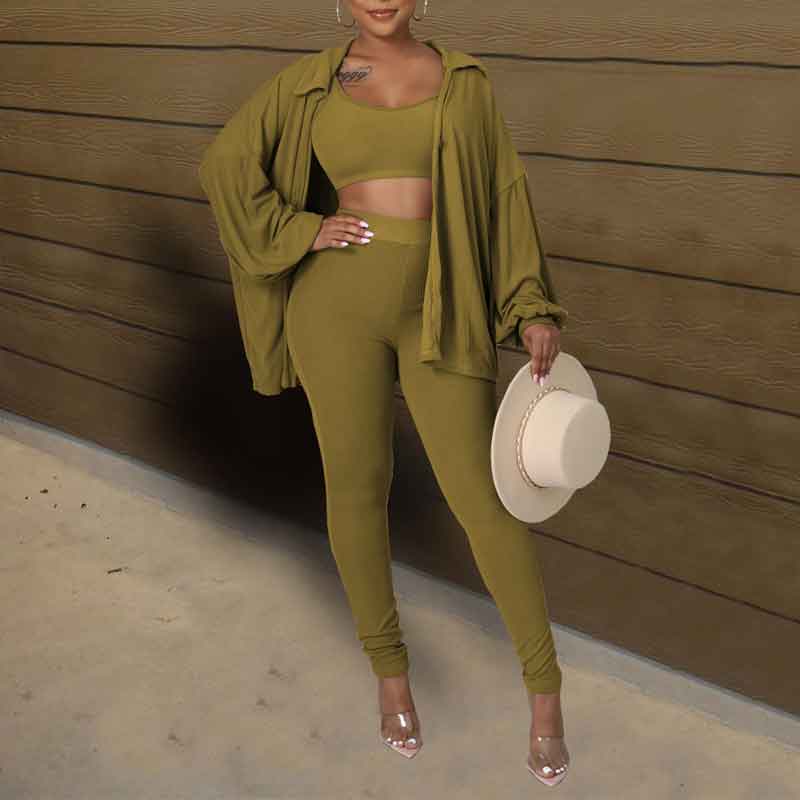 Basic Long Sleeve Ribbed 3PCS Pants Set