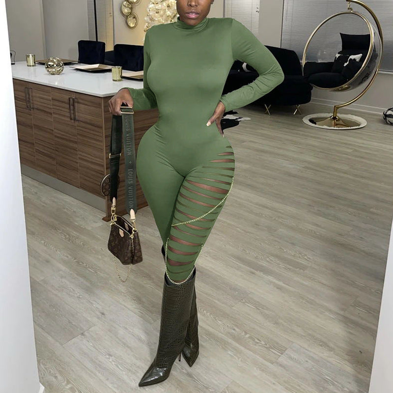 Solid Cut Out Chains Decoration Long Sleeve Jumpsuit