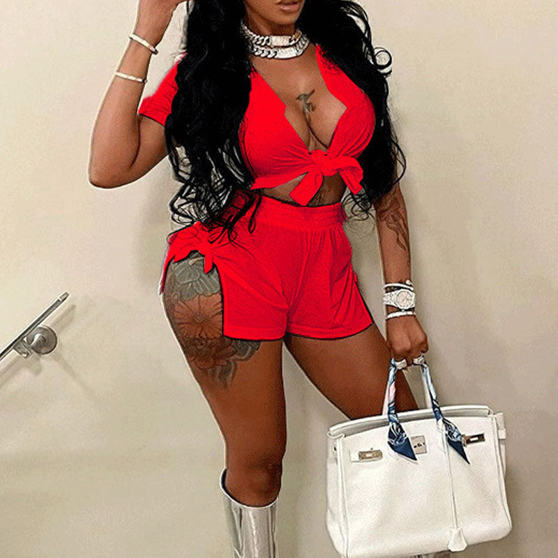 Solid Short Sleeve Tied Blouse & Slit Shorts Set