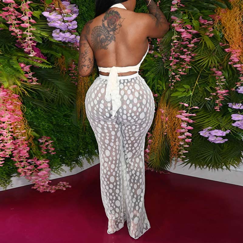 Print Sleeveless Halter Sheer Mesh Two Piece Pants Set
