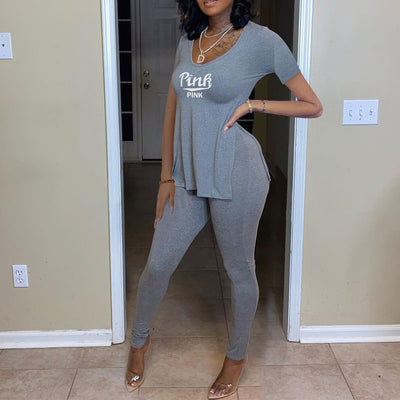 Letter Print Short Sleeve Slit Top & Pants Set