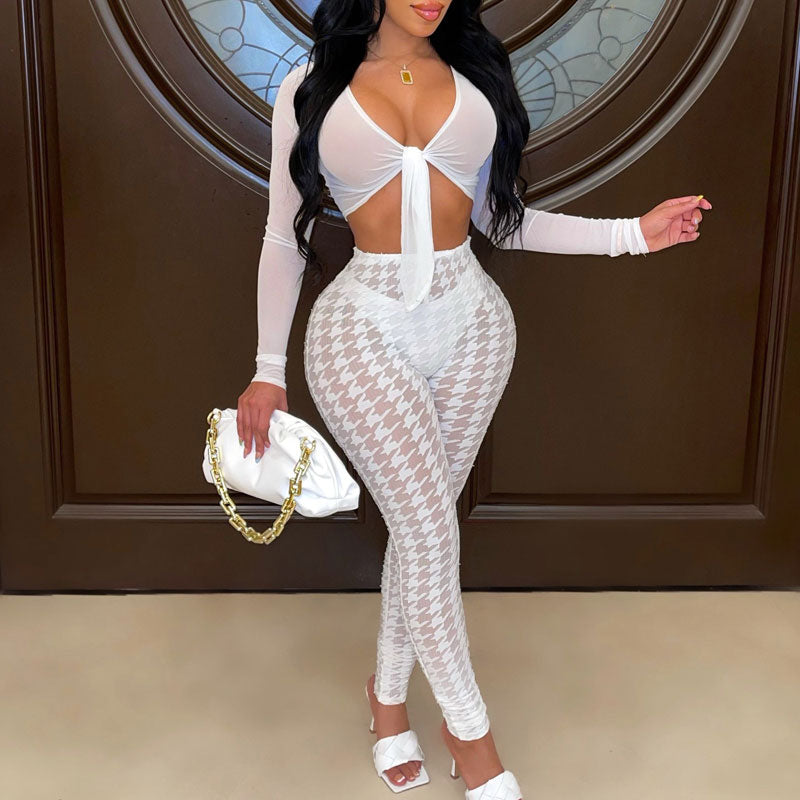 Houndstooth Pattern Long Sleeve Sheer Mesh Crop Top & Pants Set