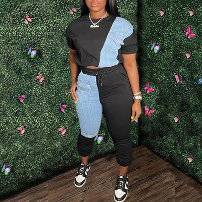 Colorblock Denim Patchwork 2PCS Pants Set