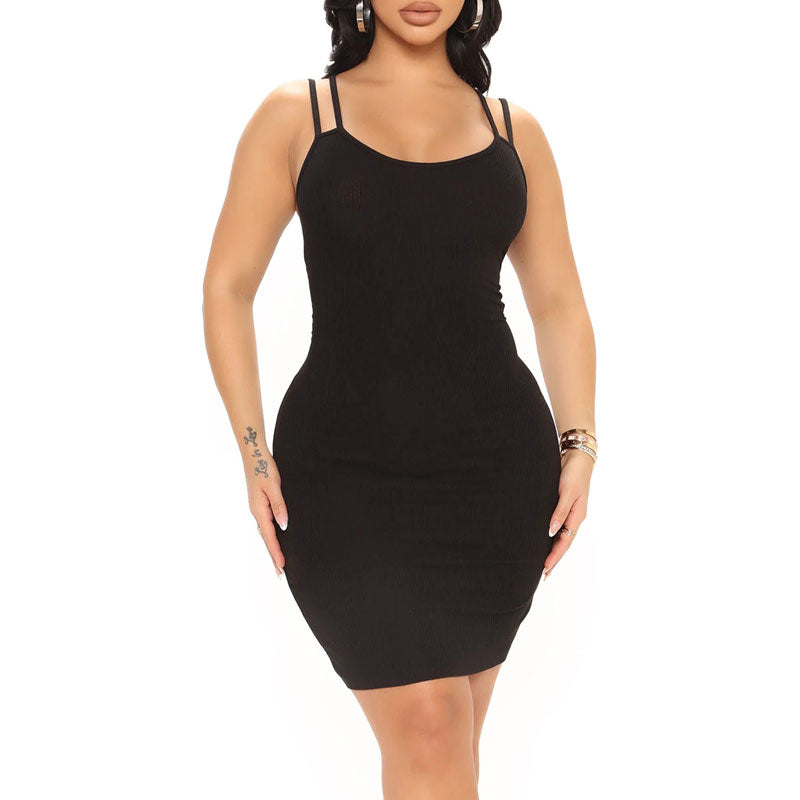 Solid Sleeveless Double Strap Mini Dress