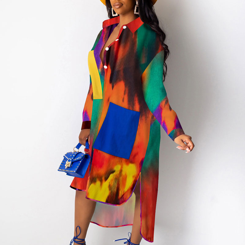 Print Pocket Design Button Detailed Shirt Dress